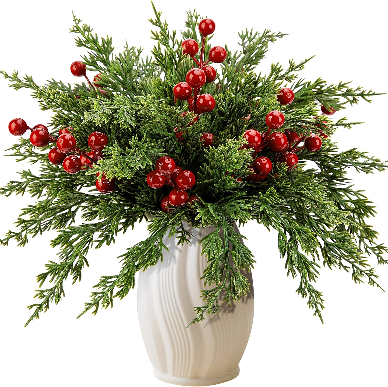 Sztuczne zielone gałązki sosny i cyprysu, 20 sztuk, 27 cm + 10 czerwonych jagód, 15,5 cm, dekoracja do domu DIY