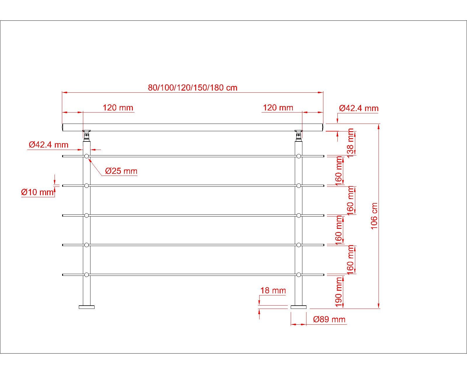 Garde-corps 100cm avec main courante, en acier inoxydable 201, pour intérieur et extérieur, garde-corps avec 5 traverses - 6