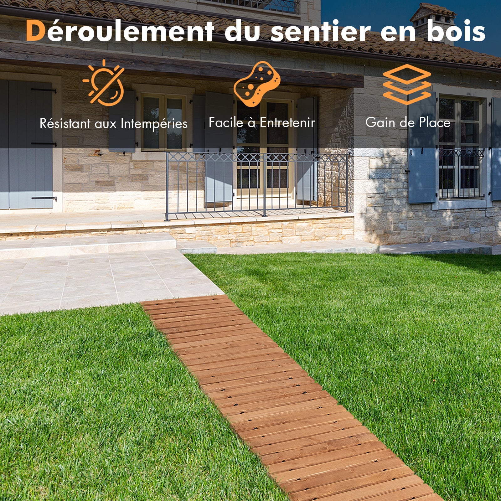 Bordure Droite à Dérouler en Bois de 245 cm, Allée de Jardin Extérieure Résistante aux Intempéries avec Fil d'Acier, 245 x 43 cm - 5