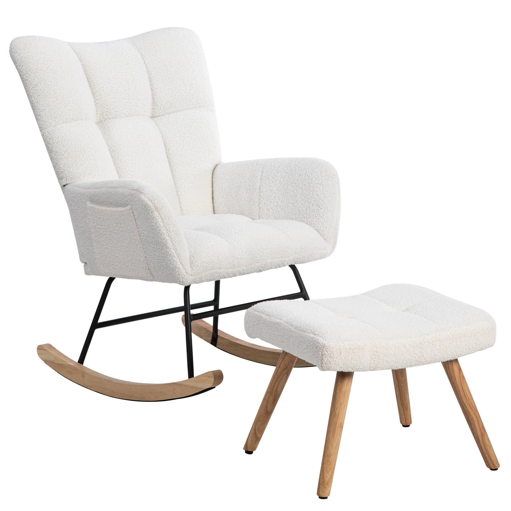 Fauteuil à bascule Rocking chair en tissu bouclette - avec repose-pieds - Blanc - 7