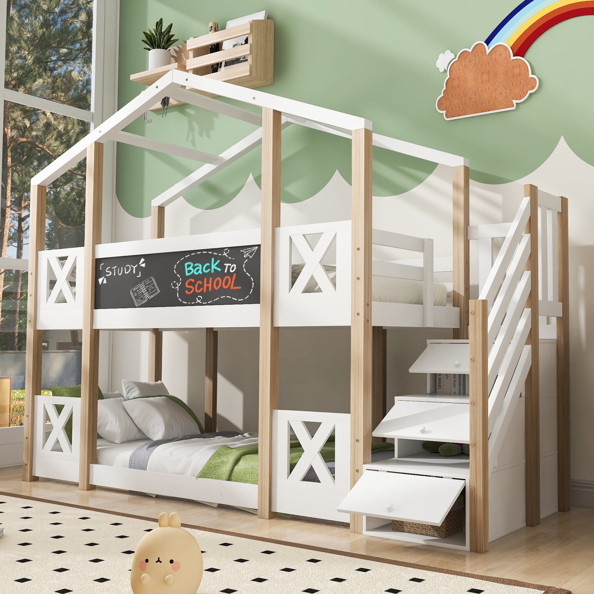 Łóżka piętrowe 2 x 90 x 200 cm z 3 drzwiami i schodami - Sosna + płyta wiórowa - Biały + naturalny (materace nie są wliczone w cenę)