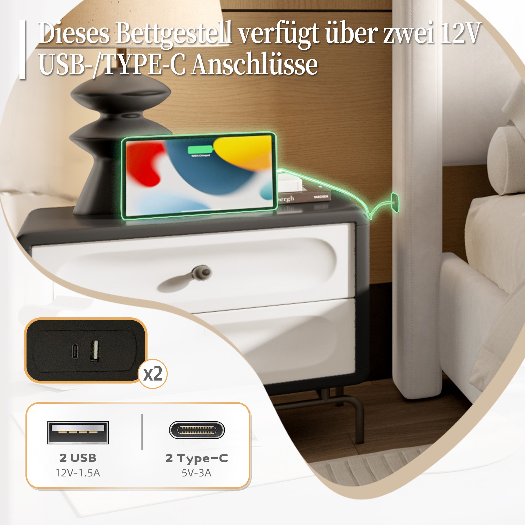 Lit 160x200 avec USB ,Cadre de Lit Rembourré moderne avec tête et pied de lit hauts, Velours Beige(Sans Matelas) - 3