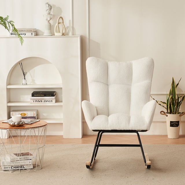 Fauteuil à bascule moderne, avec dossier haut et accoudoirs, confortable et unique, blanc