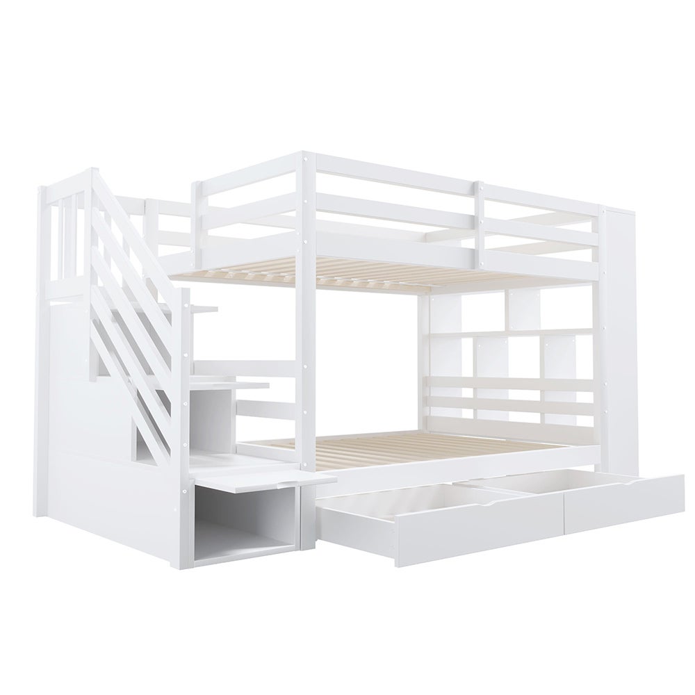 Lit superposé enfant 90x200 cm avec 2 tiroirs - Escalier de rangement - Étagères ouvertes - Barrière haute - Sommier à lattes - Blanc - 6