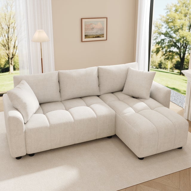 Canapé d’angle modulable 3 places avec méridienne et coussins canapé de salon en chenille beige 204x127x82,5 cm