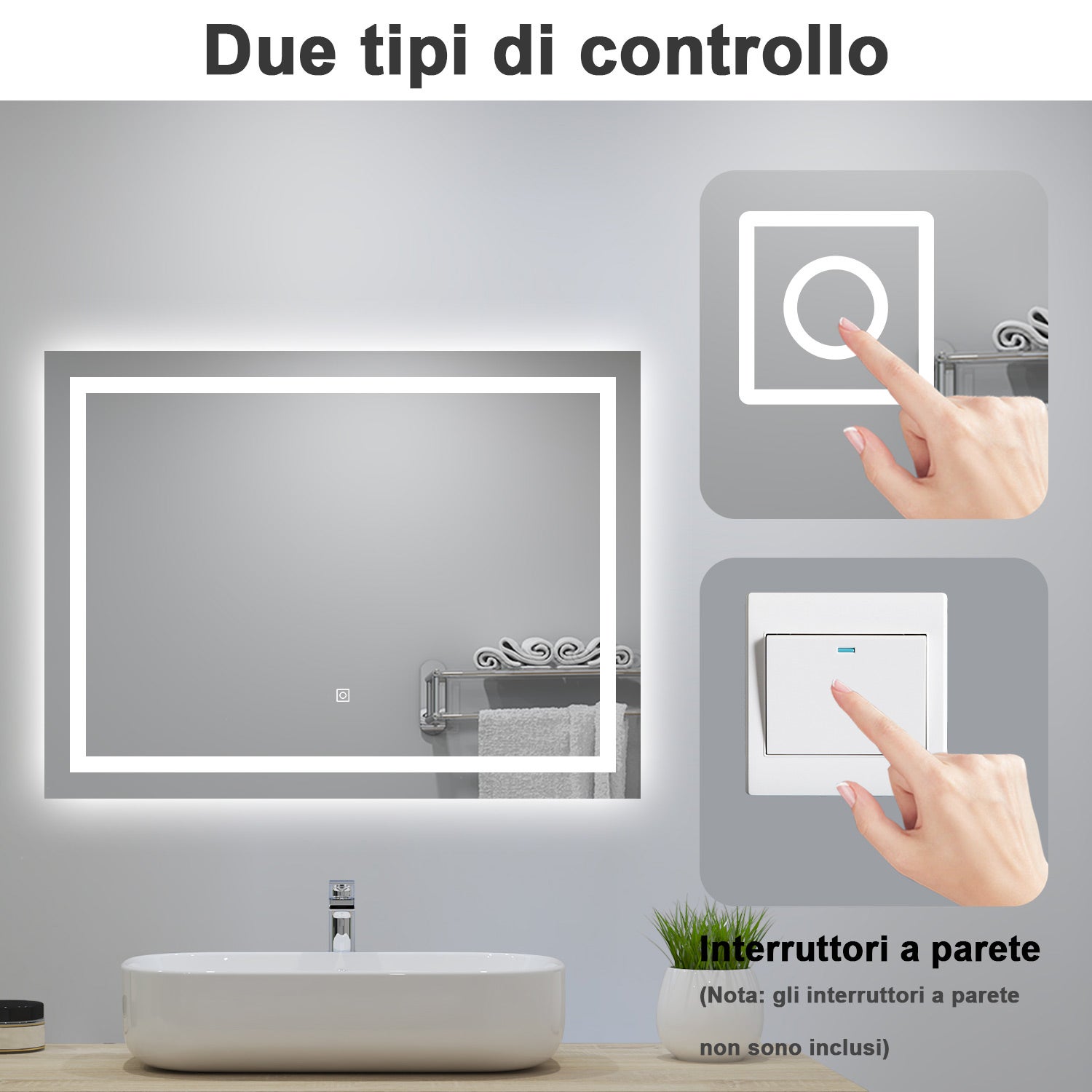 HOMCOM Specchio Da Bagno LED 90 X 60cm, Da Parete, 3 Colori, A Arco Cornice In Alluminio Anti Appannamento E Interruttore~1tivg3549jo00