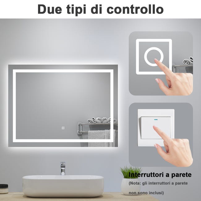 HOMCOM Specchio Da Bagno LED 90 X 60cm, Da Parete, 3 Colori, A Arco Cornice In Alluminio Anti Appannamento E Interruttore~1tivg3549jo00 HOMCOM Specchio Da Bagno LED 90 X 60cm, Da Parete, 3 Colori, A Arco Cornice In Alluminio Anti Appannamento E Interruttore~1tivg3549jo00