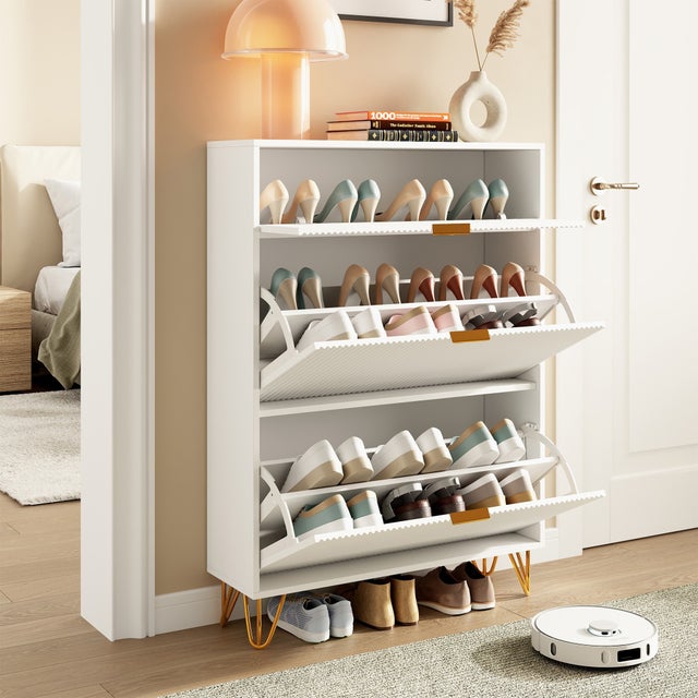 Móvel para sapatos 80x40x120cm - com 2 portas basculantes e arrumação superior - pés dourados elegantes - design ondulado branco