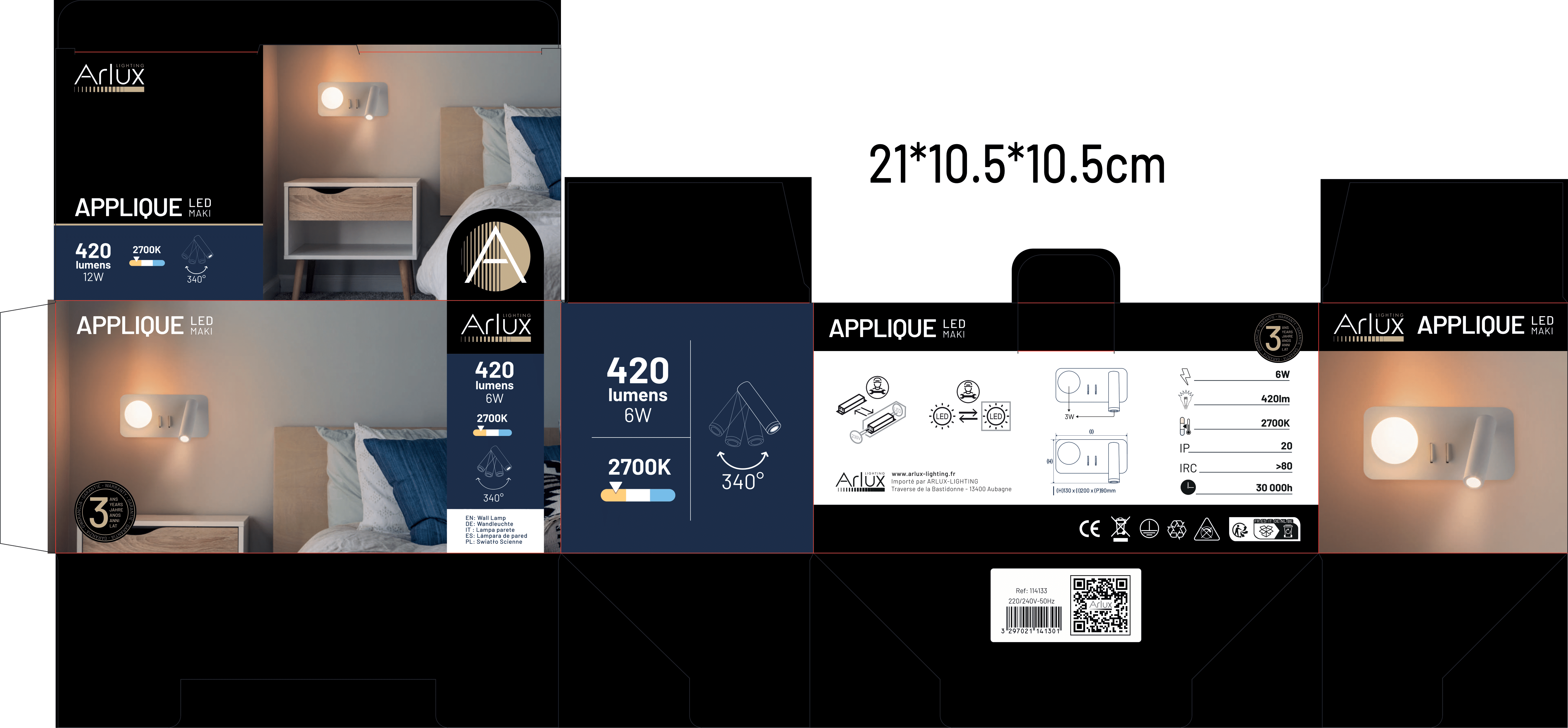 Applique-Liseuse Intérieur 3W+3W 210lm+210lm Gauche Blanc Chaud - 6