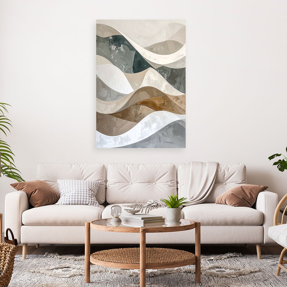 Obraz do salonu loftu biura, Abstrakcja geometryczna biały beżowy w stylu glamour z falami 70x100 - 2