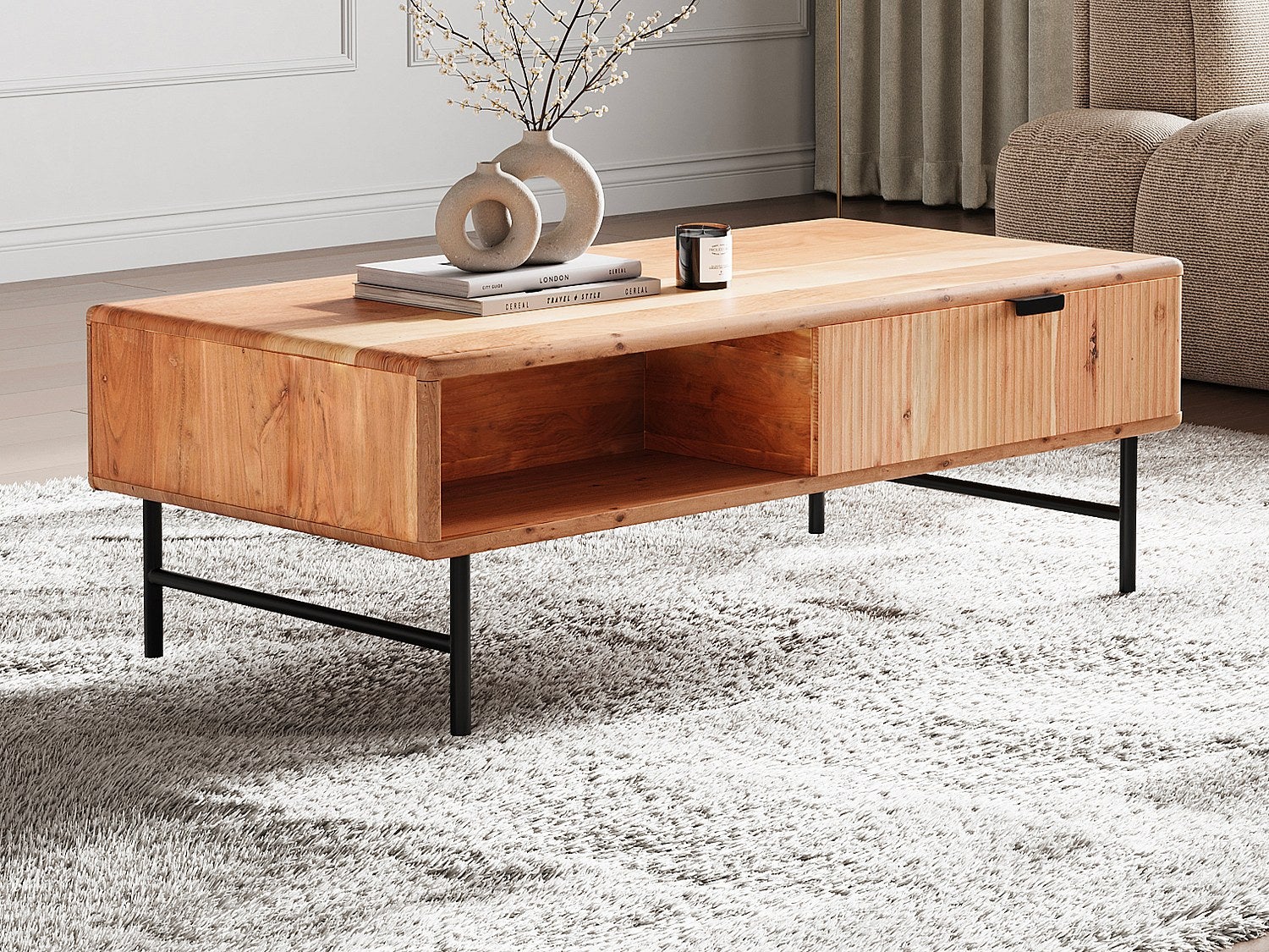 Table basse avec 2 tiroirs et 2 niches en bois d'acacia et métal noir ...