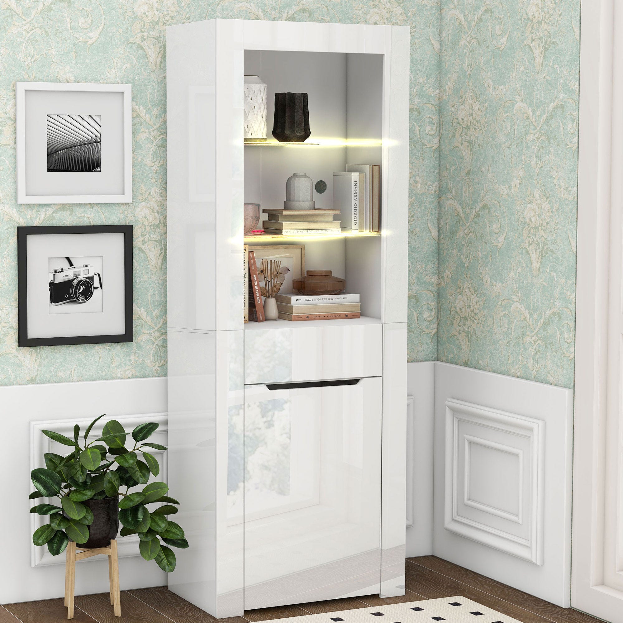 Meuble de Rangement avec Station de Charge, 4 Armoire&Tiroir Coulissant Meuble de Rangement avec Station de Charge, 4 Armoire&Tiroir Coulissant