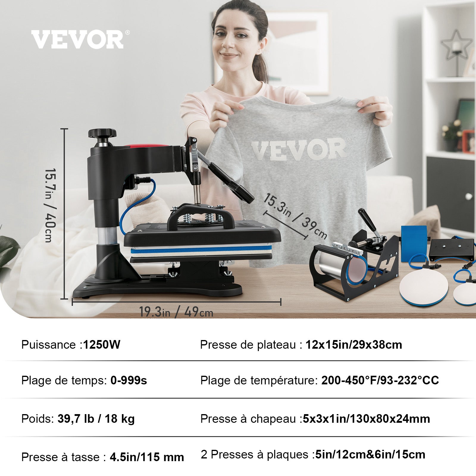 5 en 1 Presse à Chaud Machine VEVOR de Sublimation Textile 30x38 cm Machine d'Impression 1250 W Presse à Chaleur Polyvalente Pivotante 360° Transfert - 7
