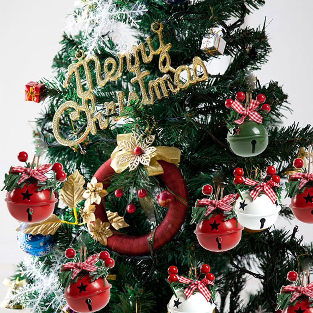 Paquet de 18 ornements de cloches de Noël rouges, blancs et verts, pendentifs de cloche d'arbre de Noël, décorations d'arbre de Noël - 5
