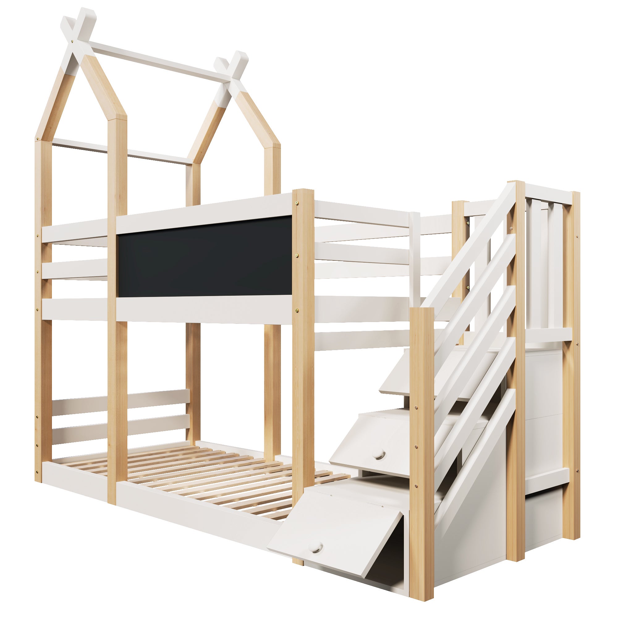 Lit superposé 90x200 cm – style cabane avec tableau noir, rangements et barrière de sécurité – naturel et blanc - 6