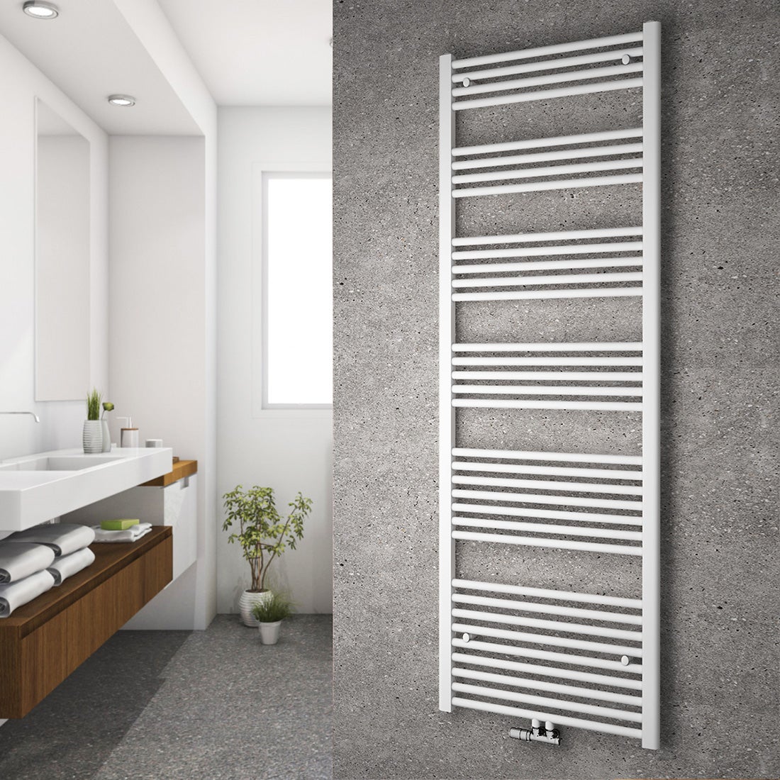 Grzejnik łazienkowy drabinkowy na ciepłą wodę - Stalowy z podłączeniem środkowym - Kolor biały - Wymiary 180 x 60 cm - Moc 860 W