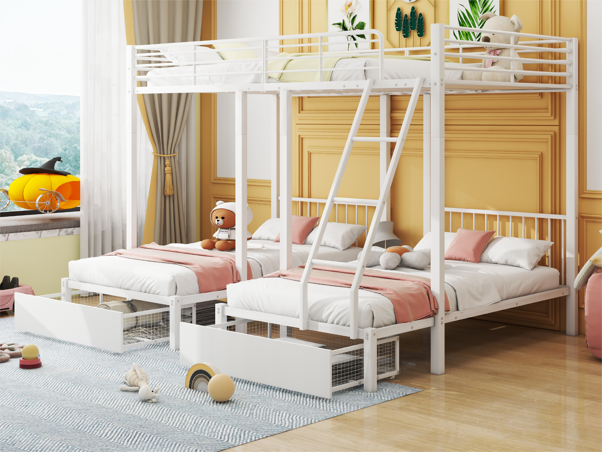 Łóżko piętrowe dla 3 dzieci z 2 szufladami - 140x200cm i 2x90x200cm - stelaż pod materac - białe (materac nie jest zawarty w zestawie)