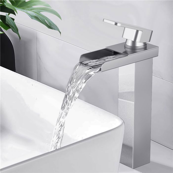 Robinet Salle de Bain Cascade Haut Mitigeur Lavabo Mitigeur Évier en Laiton Chromé Design Moderne - 6