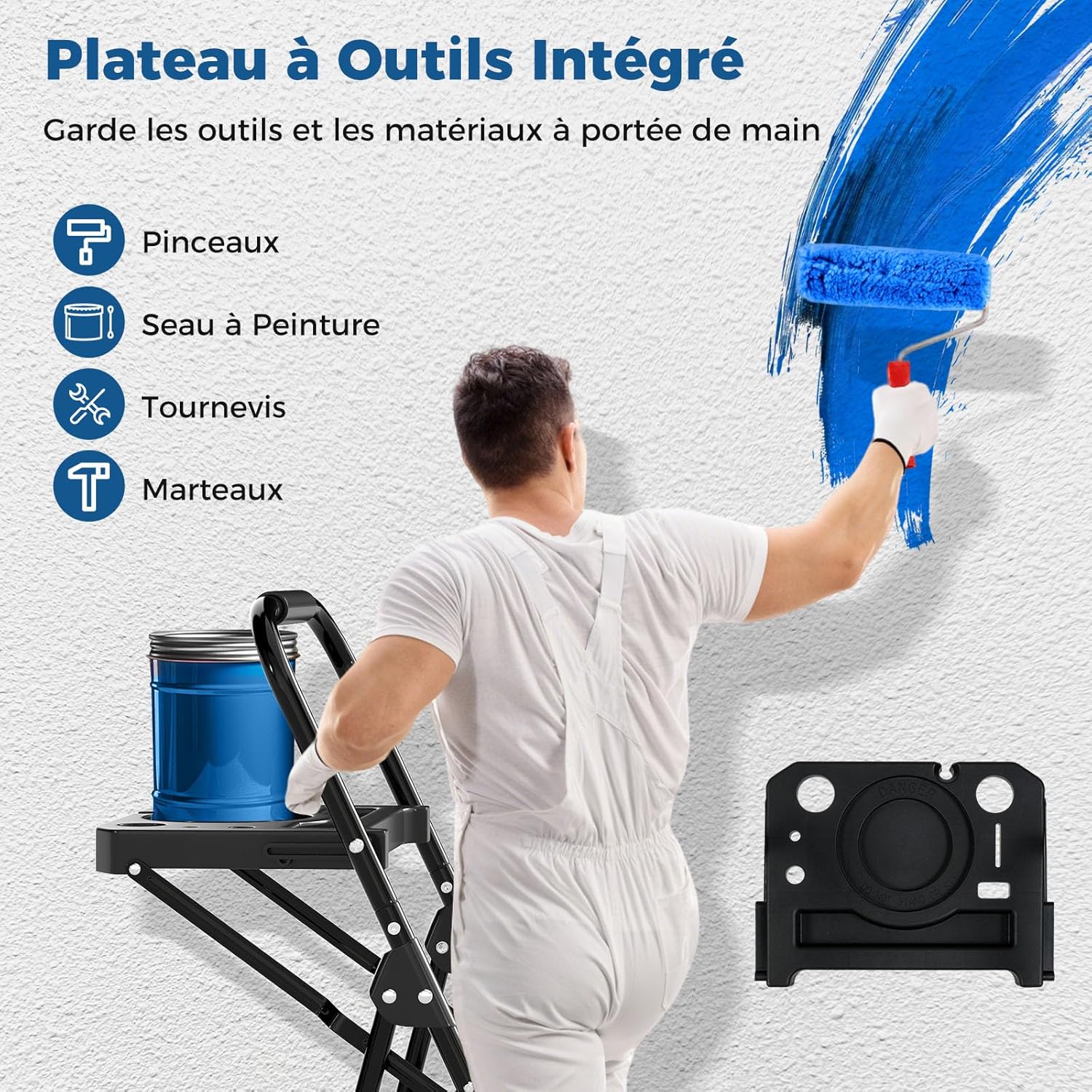Escabeau Métallique 4 Marches avec Plateau Porte-Outils, Échelle Pliante avec Pédales Larges Antidérapantes Patins, Charge 150KG - 6