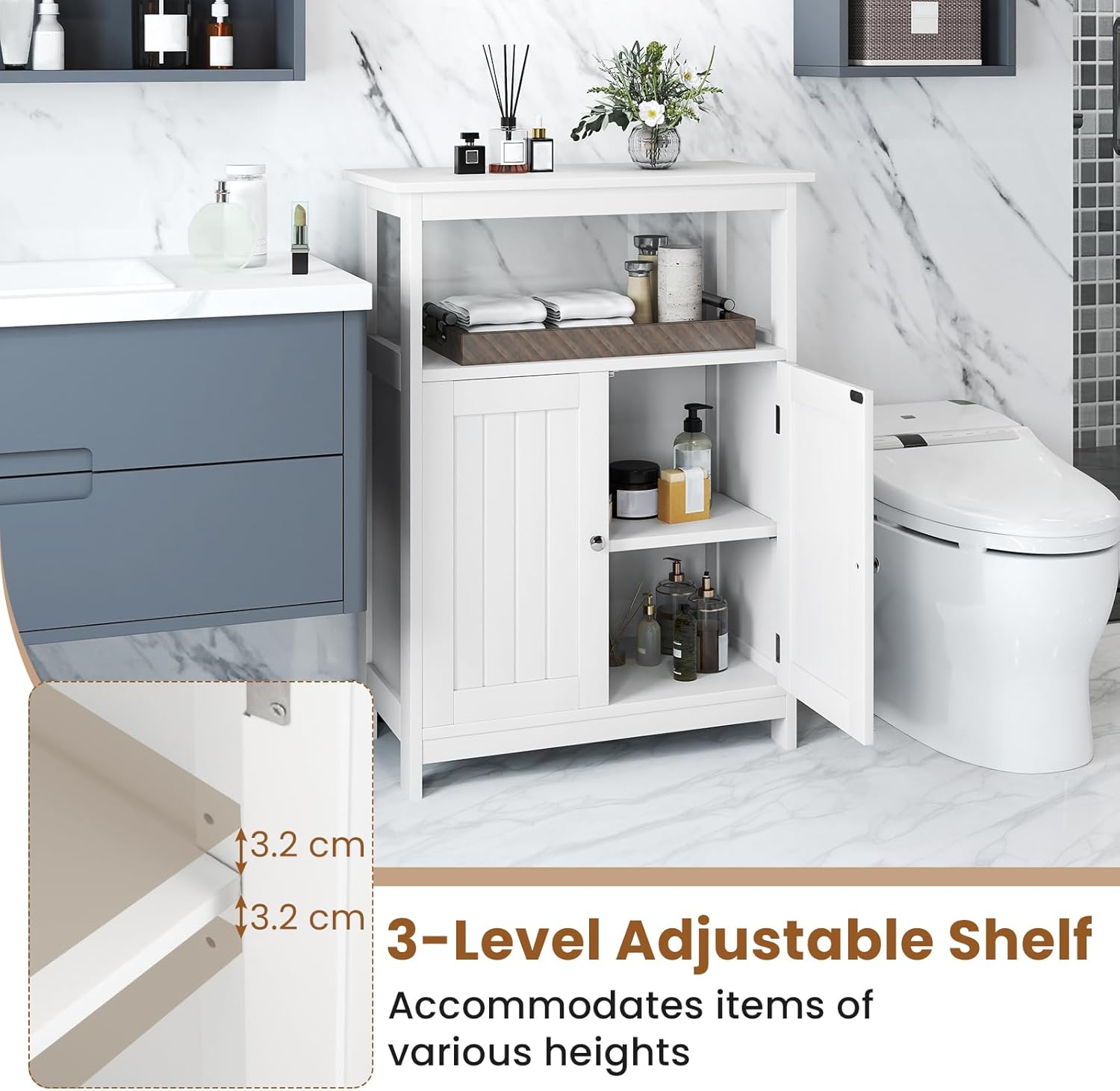Mobile da bagno, armadio da bagno a terra con doppie ante, ripiano grande, 2 scomparti aperti, moderno per ingresso, soggiorno (bianco) - 7