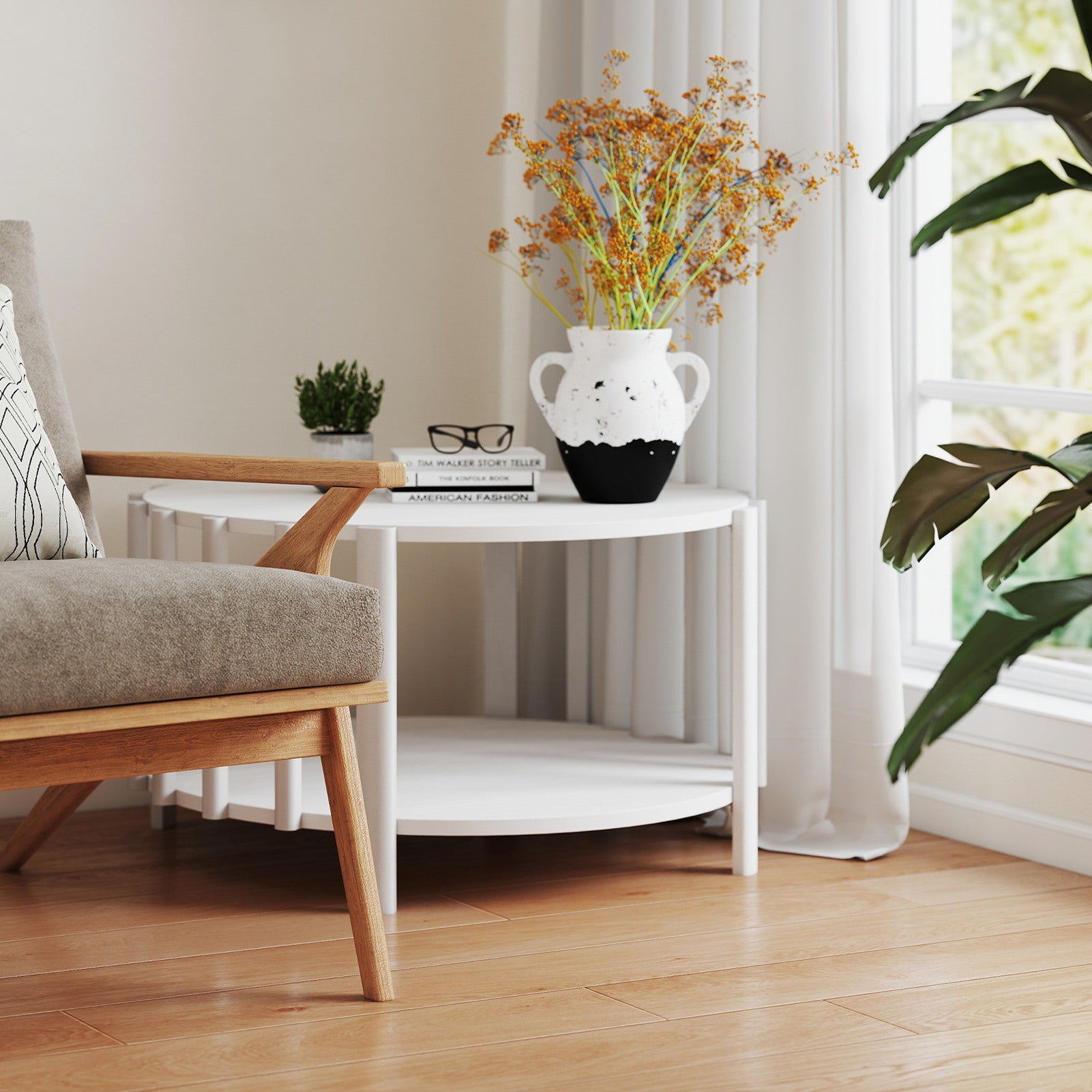 Tavolino rotondo moderno 70x40 cm in MDF – Design minimalista multifunzionale per soggiorno, tavolino decorativo – Bianco - 5