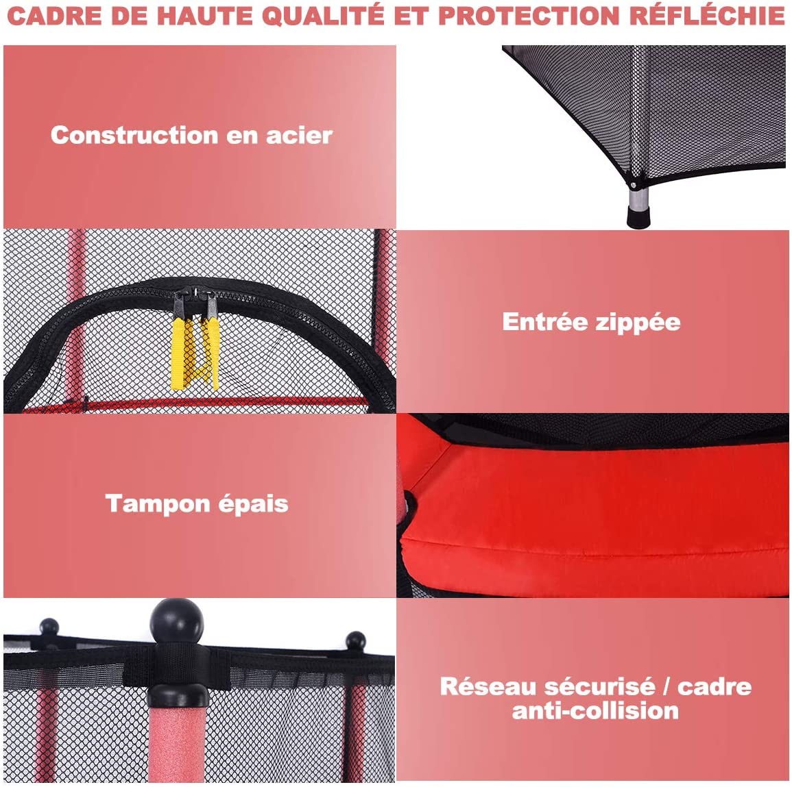 Trampolino Elastico Bambino in Acciaio, Tappeto Elastico Bambini da Esterno e da Interno, con Rete e Cusicnetti Antiscivolo (Rosso, 165 x 165 - 2