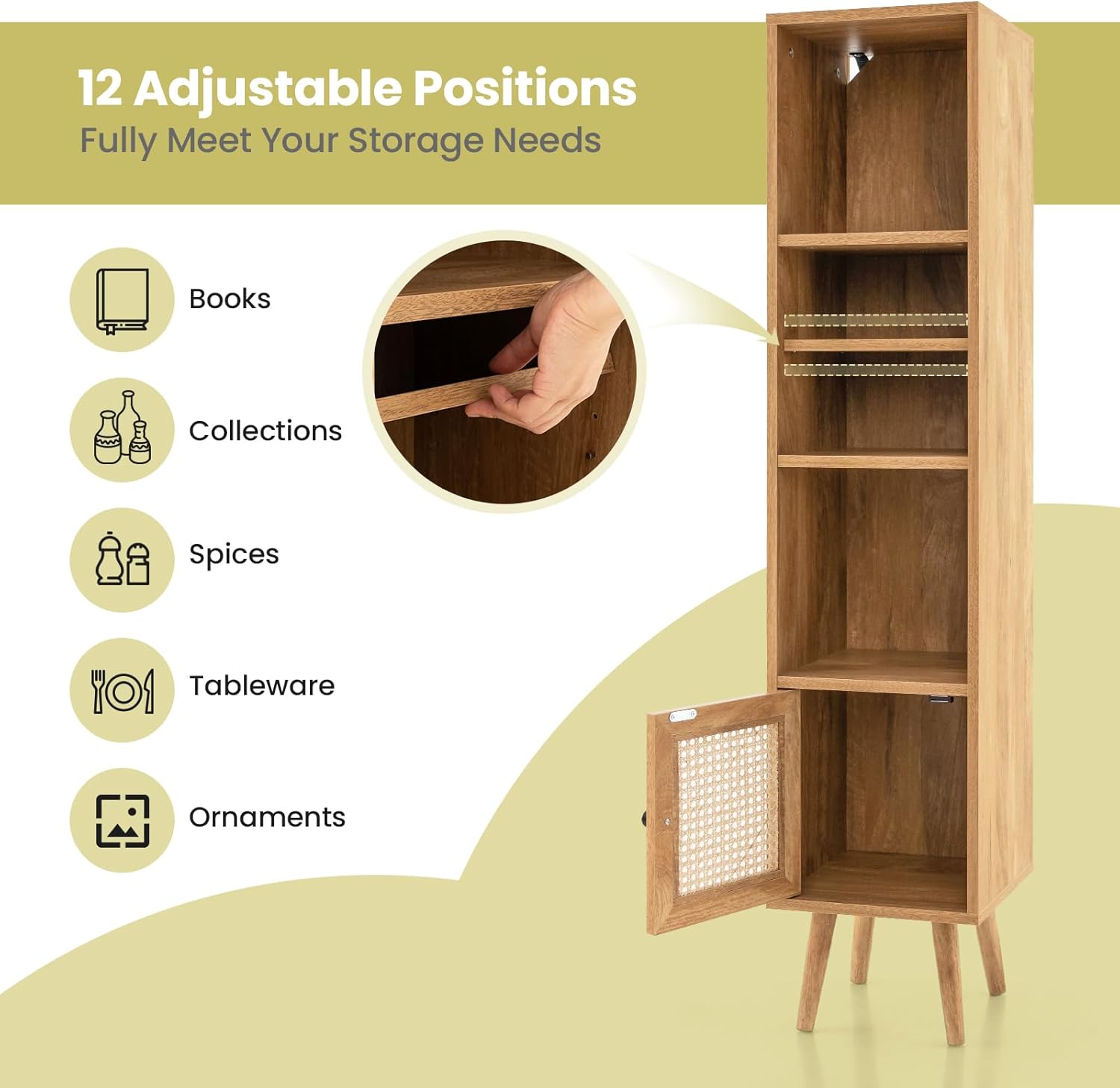 Armoire de Rangement scandinave, 30 x 30 x 137 cm, Porte en Rotin et étagère Réglable, Bibliothèque sur Pieds Autoportante, Naturel - 3