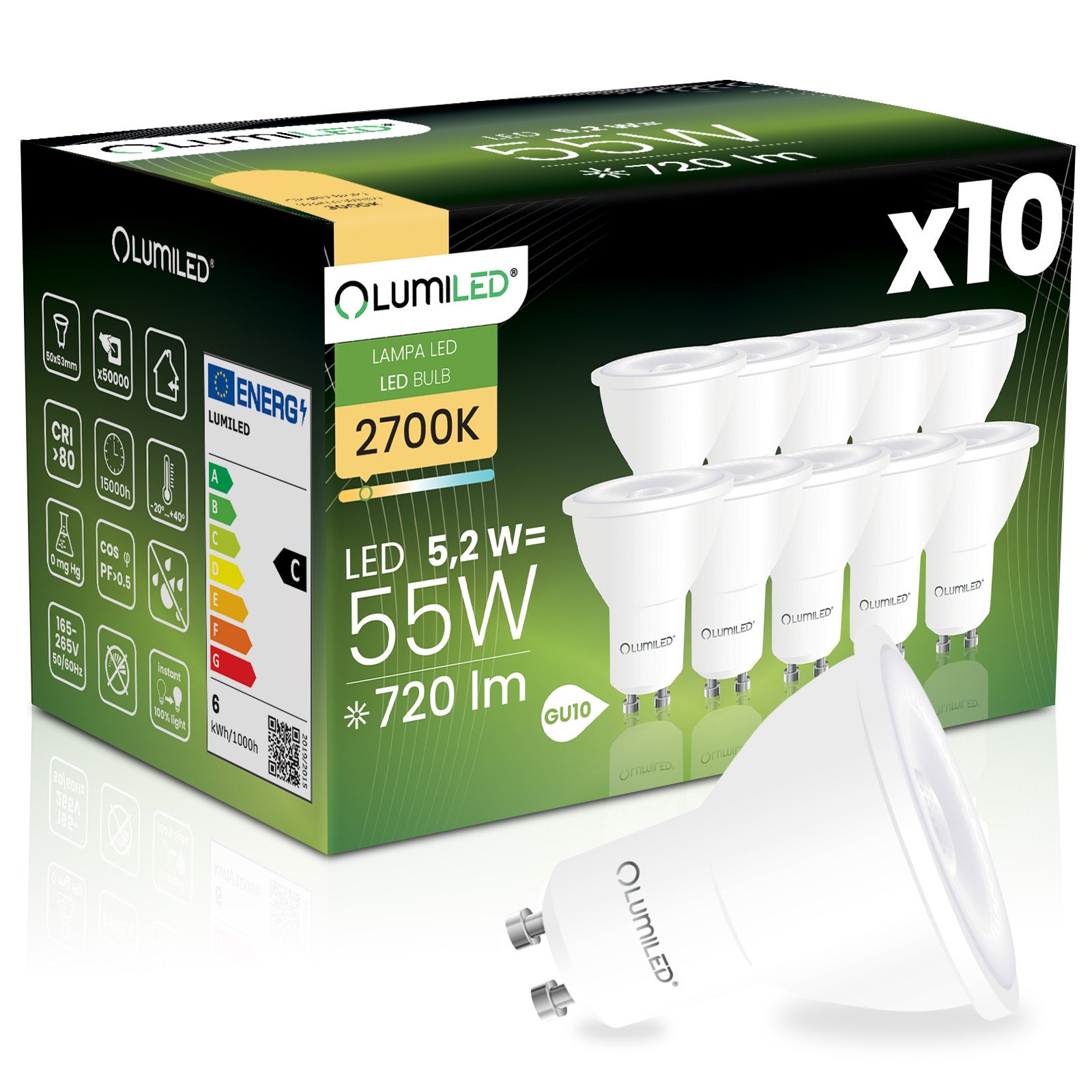 Żarówka LED Lumiled GU10 Reflektor PAR16 5.2W 720lm 2700K Ciepła biel 38st 10 szt.