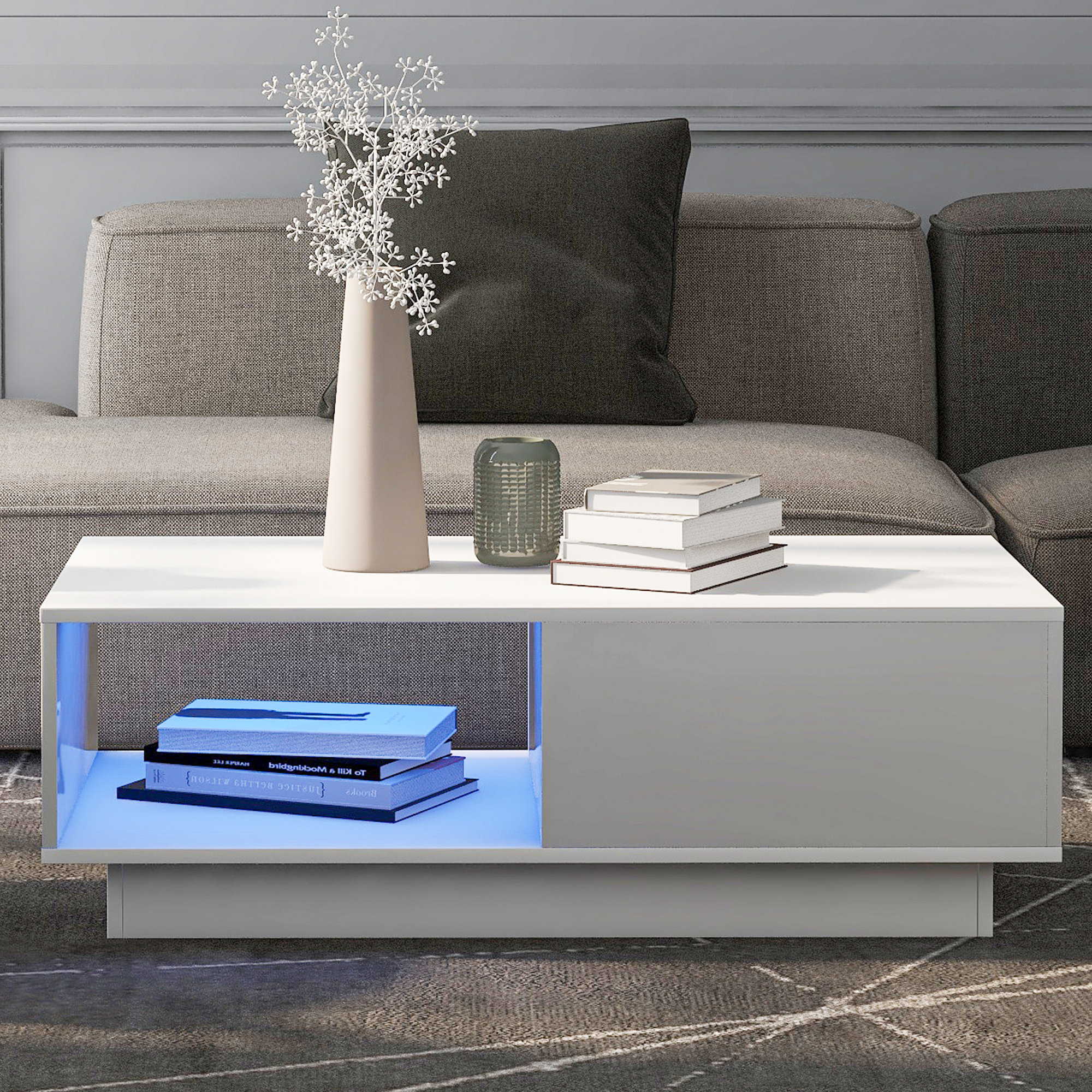 Tavolino da Salotto Lucido 95x55x32cm con LED 15 Colori Bianco Arredamento Moderno - 5