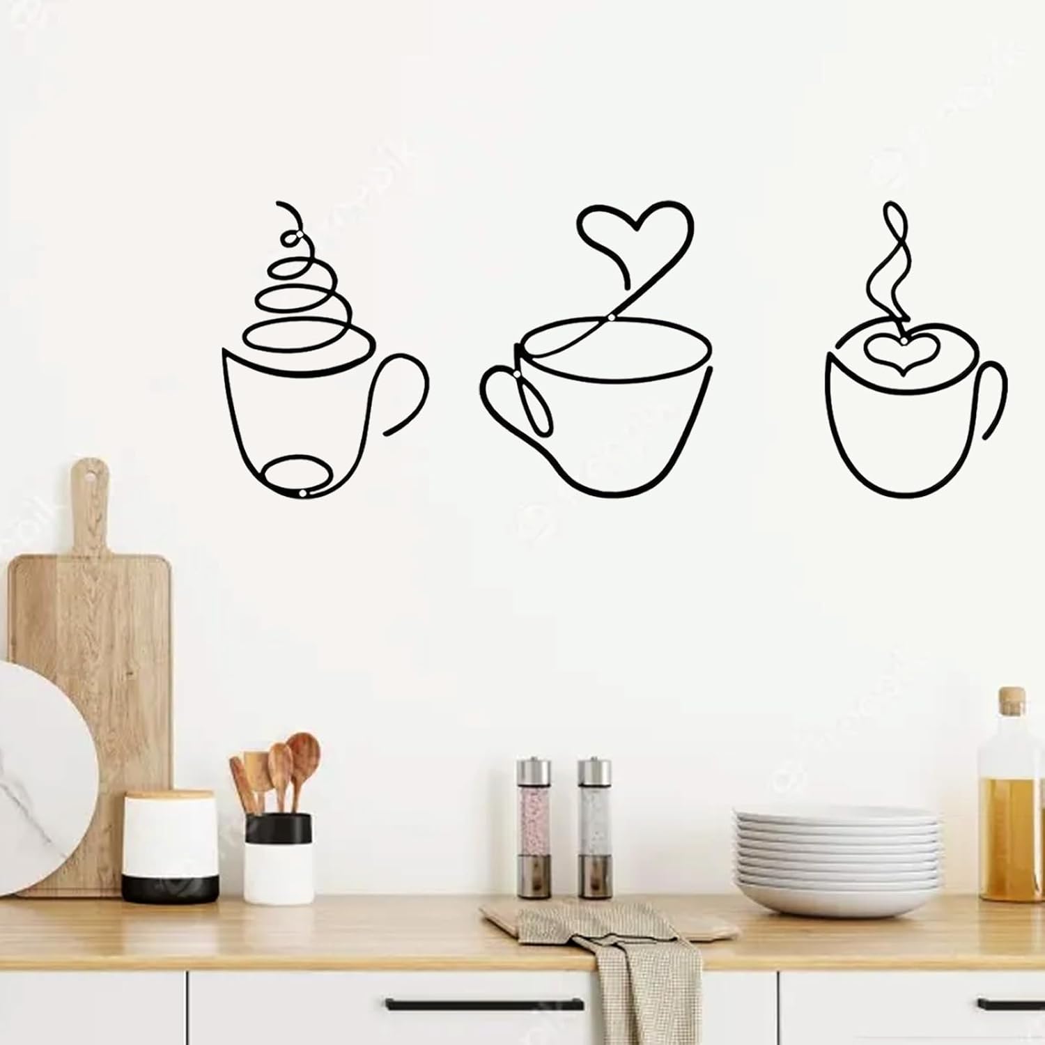 3 Pièces Décoration Murale Métal, Noir Tasse à Café Tableau Decoration Murale, Minimalist Ligne Art Mural Déco - 6