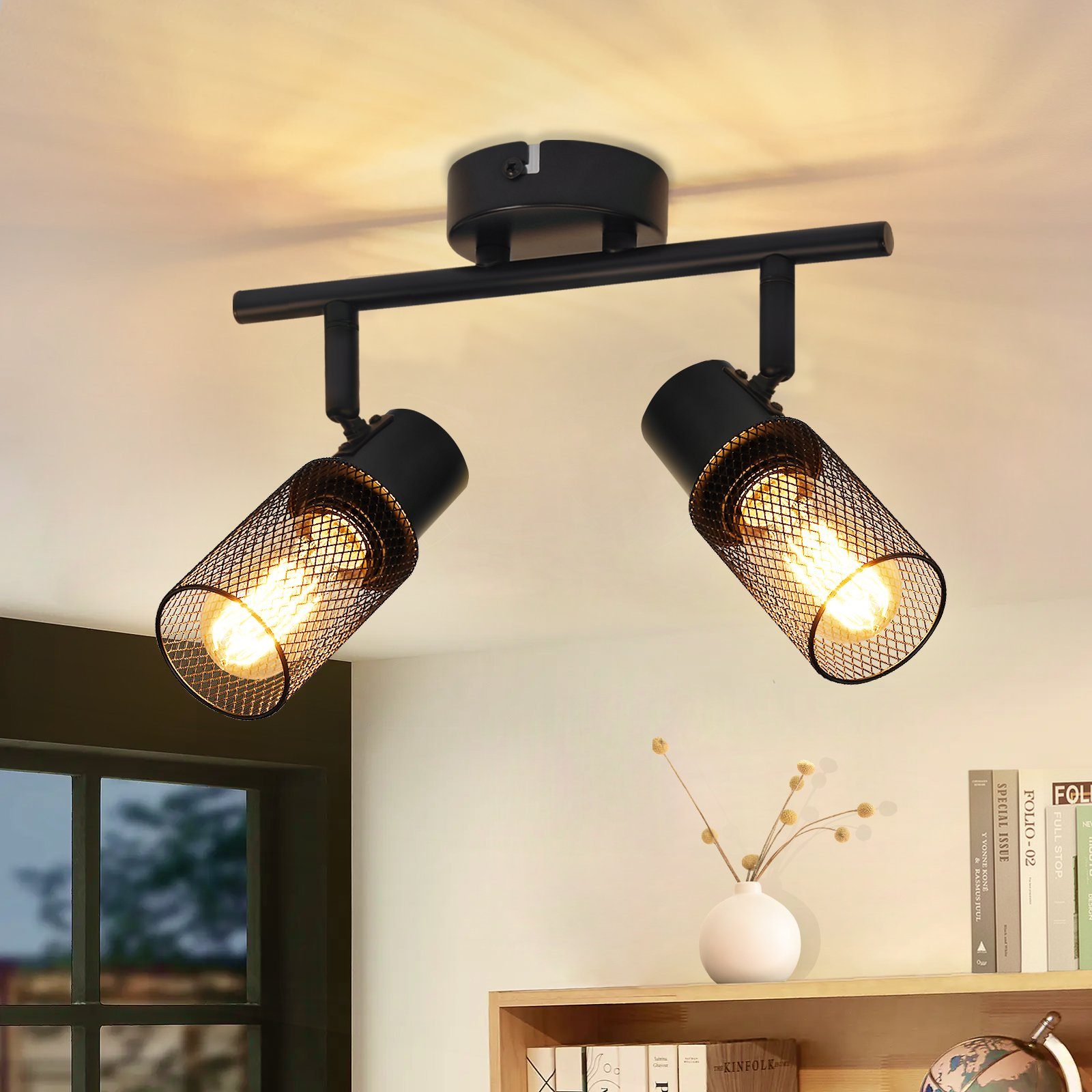 Nettlife Reflektorowa sufitowy 2-punktowy E27, regulowany 330°, czarny metal, Lampa przemysłowa do salonu