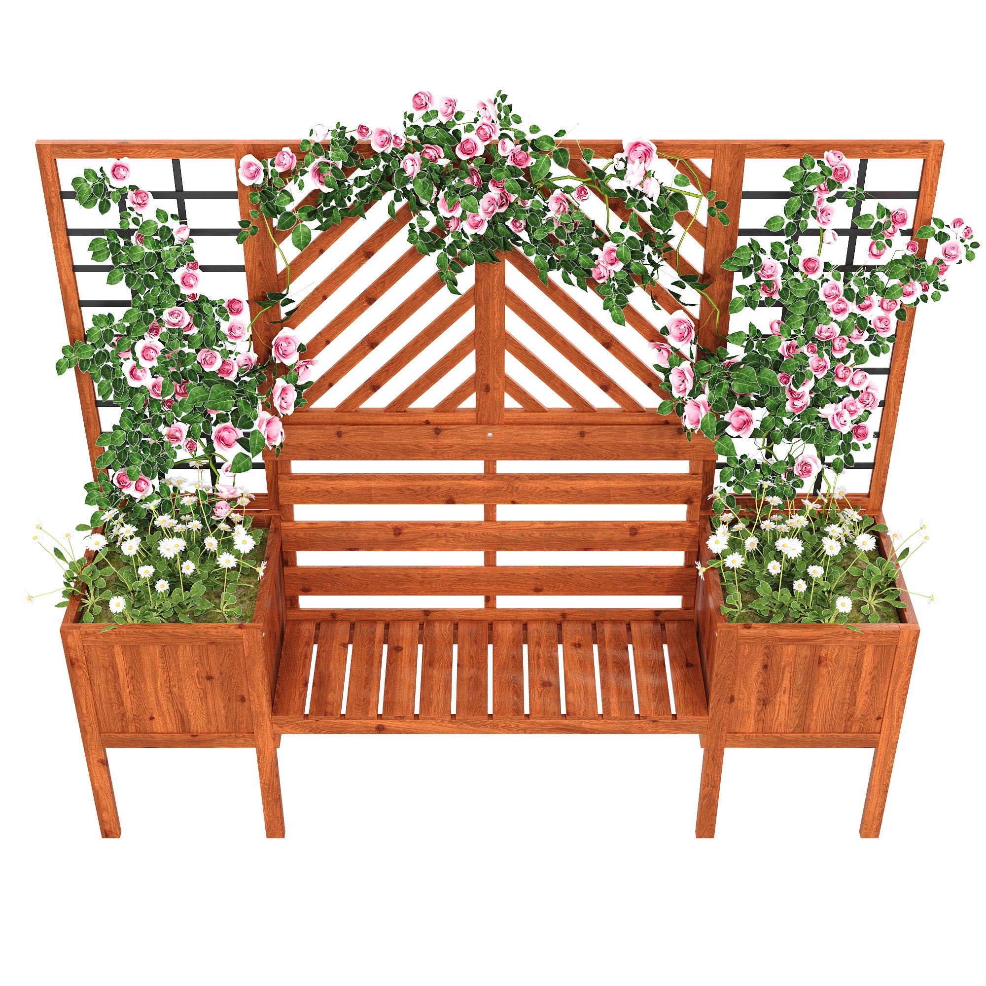 Lot de 2 Jardinière sur pièds avec Treillis en bois massif + 1 banc 2 places - 170 x 42 x 145 cm - Marron - 2