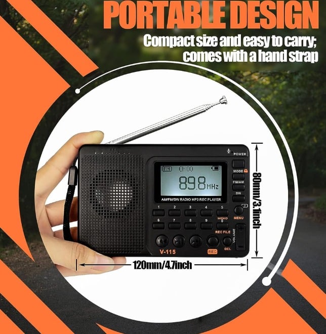 Radio Przenośne, Małe Radio Akumulatorowe, FM AM SW, Baterie i Zasilanie Sieciowe, Karta TF, Rejestrator, MP3, Minutnik Uśpienia, Łazienka, Kuchnia