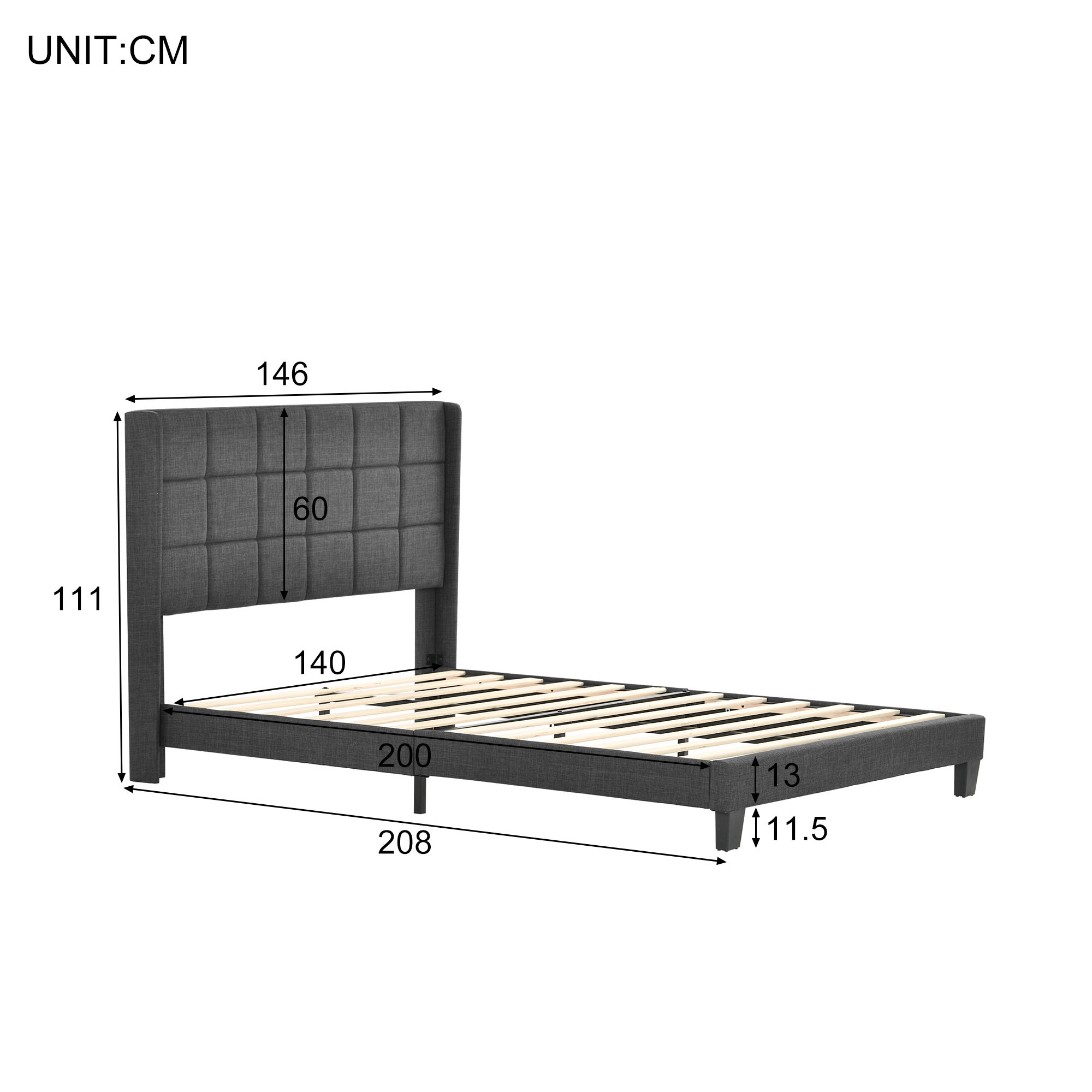 Cama estofada para adulto com cabeceira - 140 x 200 cm - tecido linho - cinza - 9