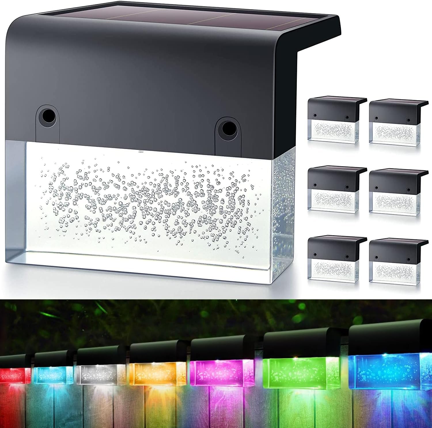 Zestaw 6 lamp solarnych LED do ogrodu, ciepłe białe światło i światło RGB, wodoodporna dekoracja IP55 do ogrodu i na patio (prostopadłościan)