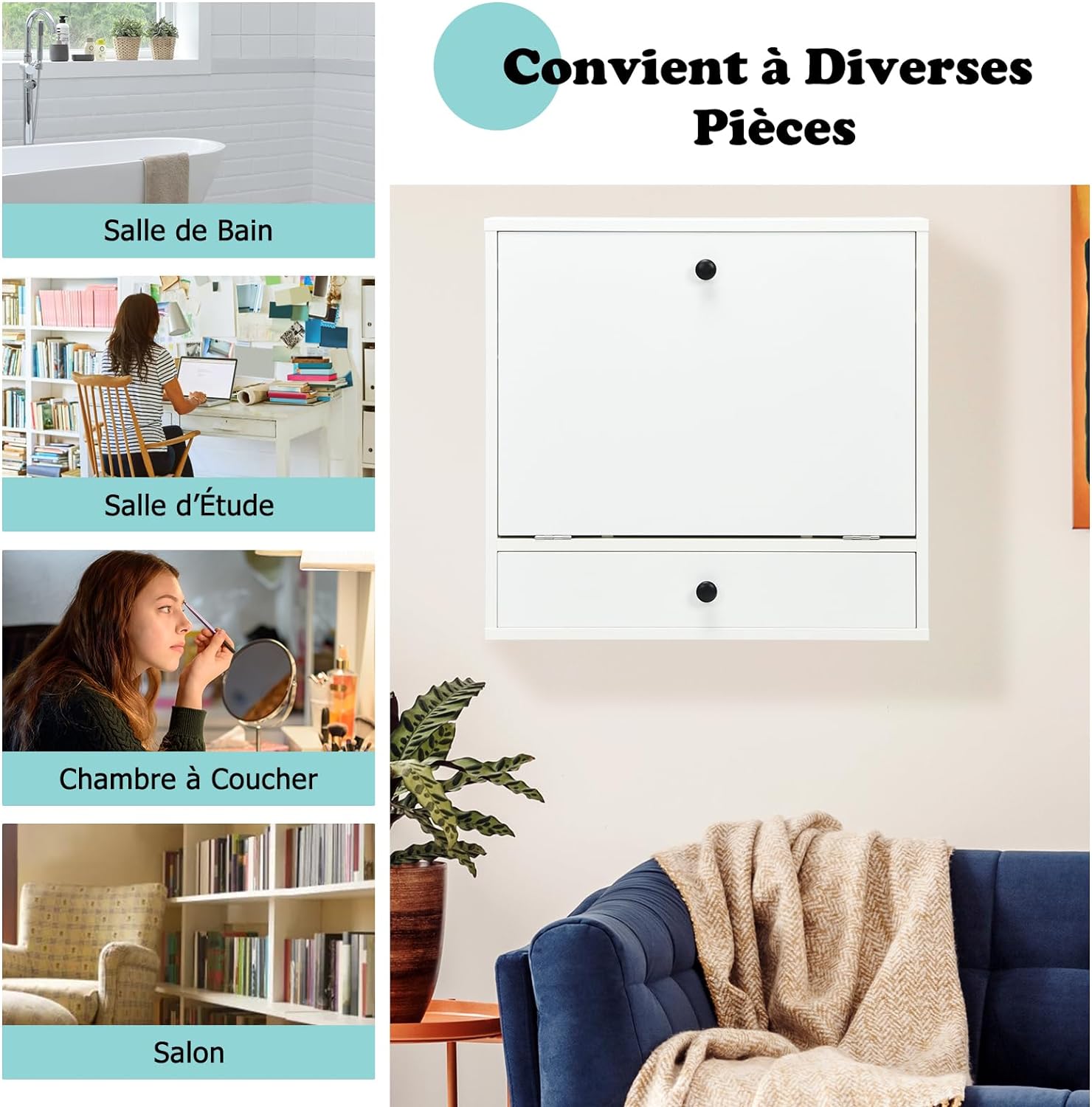 Bureau Mural Rabattable pour Ordinateur Portable, Table Murale avec Étagères Intégrée,Tiroir(Blanc) - 8