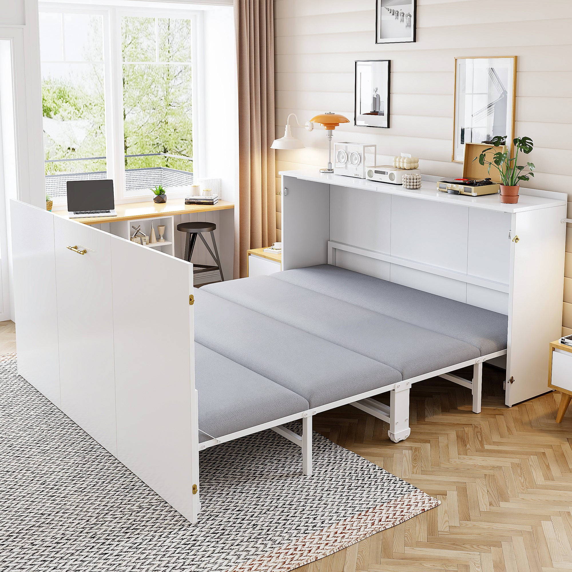 Łóżko chowane w ścianie 140 x 200 cm z materacem lnianym – Metal i drewno – Oszczędność miejsca dzięki składanemu systemowi z cichymi kółkami – Białe - 2