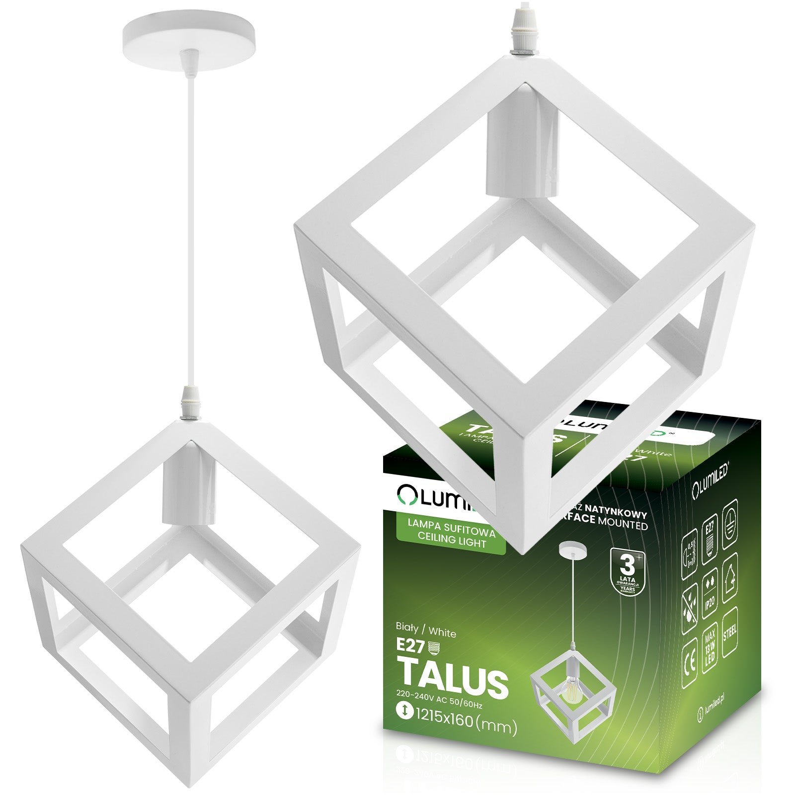 Lampa wisząca Lumiled Geometryczna Kwadrat Zwis LED Biała 1x E27 1 szt.