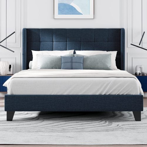 Lit adulte Lit capitonné design moderne et sa tête de lit capitonnée, lit double 140x200cm, lin Bleu (sans matelas) - 5