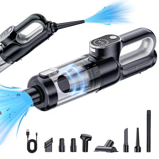 Aspirateur Voiture Sans Fil Portable 6000Pa - Mini Aspirateur à Main 65000 RPM Batterie 1200mAh USB-C, Puissant Pour Sièges Tapis Poils Animaux (Noir/Blanc/Gris/Bleu/Rose)