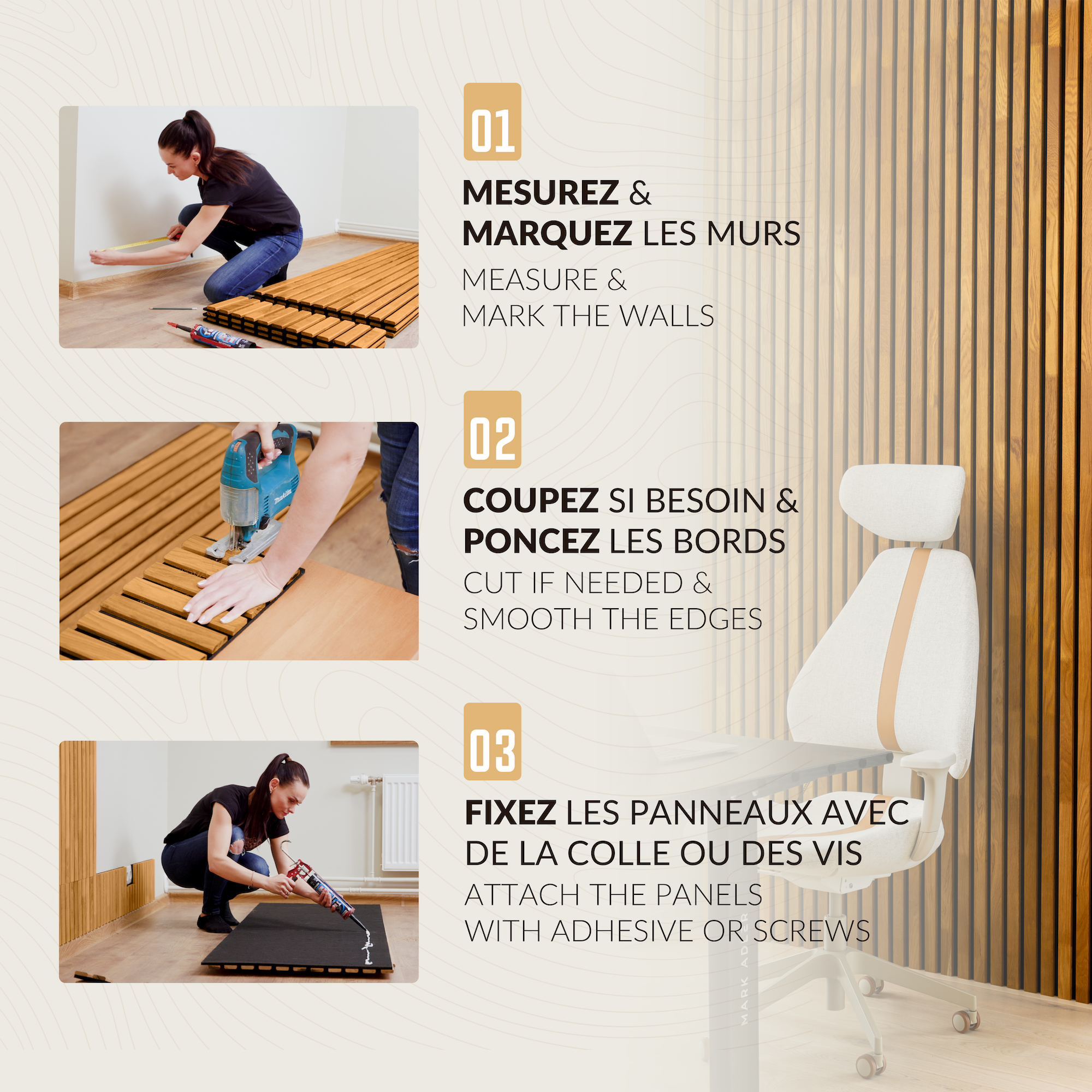 Panneau Tasseau Acoustique en Bois - Bois de Bouleau Massif - 2400x600mm - Lattes 18mm, Support en Feutre Noir - 4