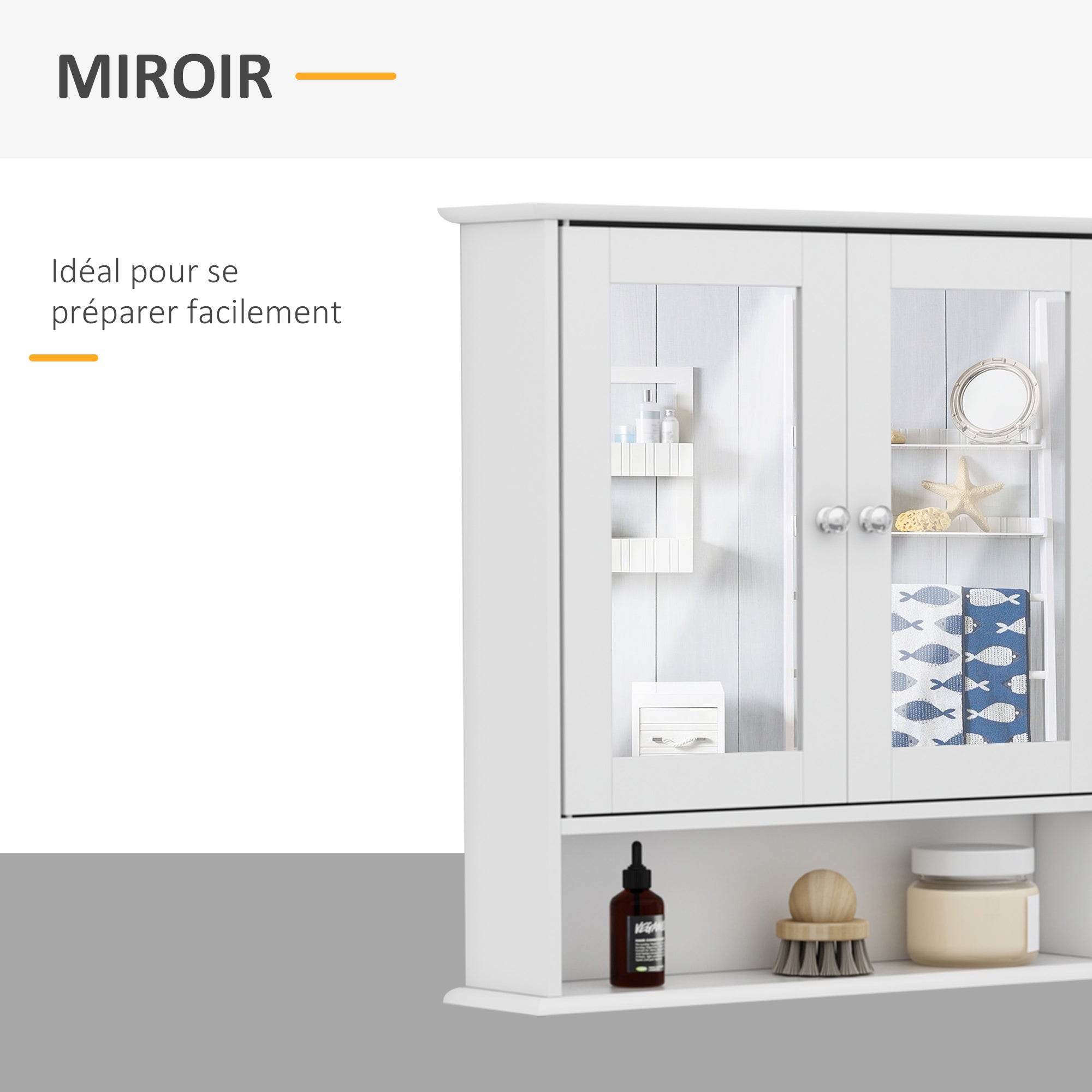 Armoire de salle de bain murale avec miroir, porte, organiseur et étagères de rangement,meuble de salle de bain, blanc - 5