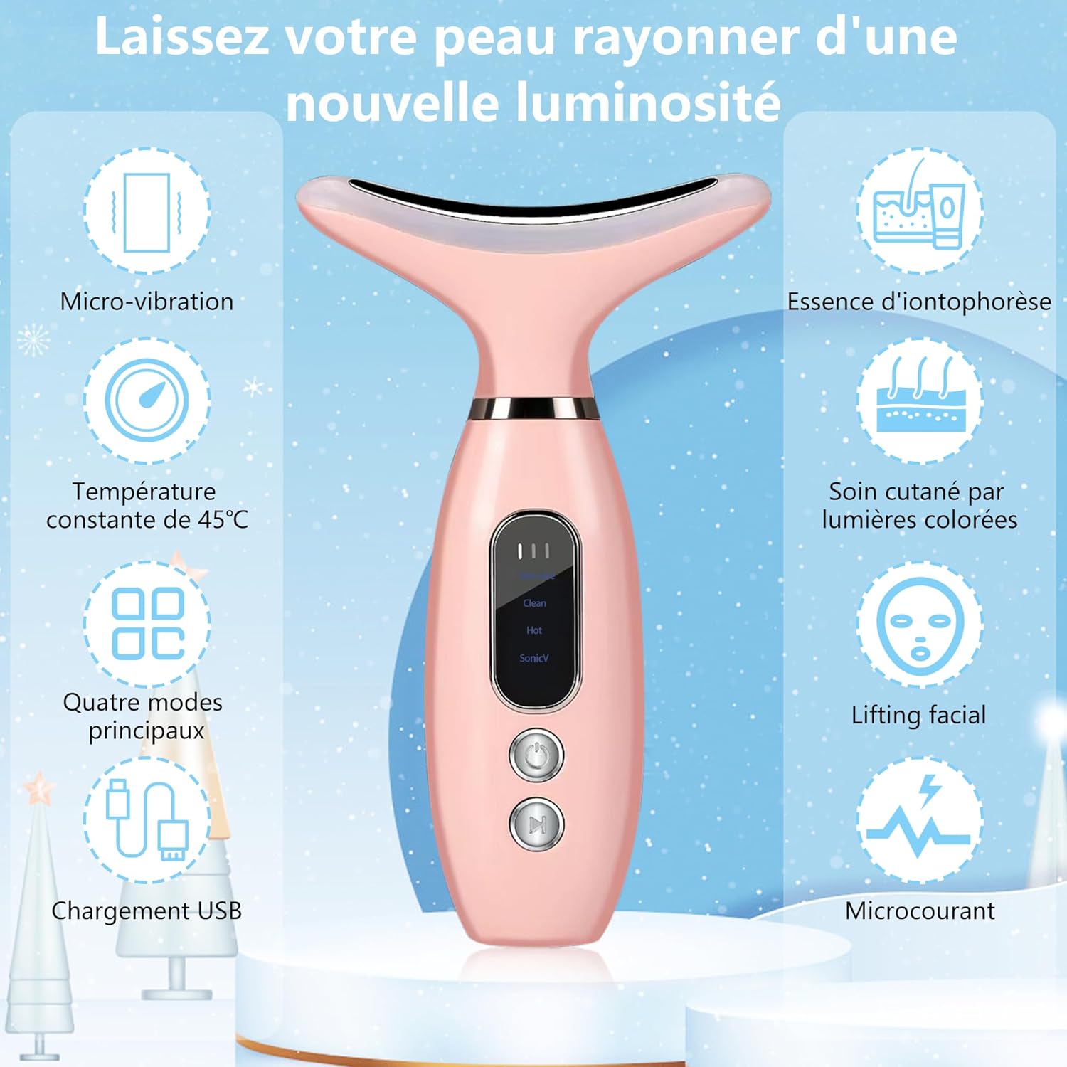 Massageador facial, lifting de 45°C com 4 modos, dispositivo antirrugas, massageador facial de beleza LED, dispositivo facial para mulheres e homen - 3
