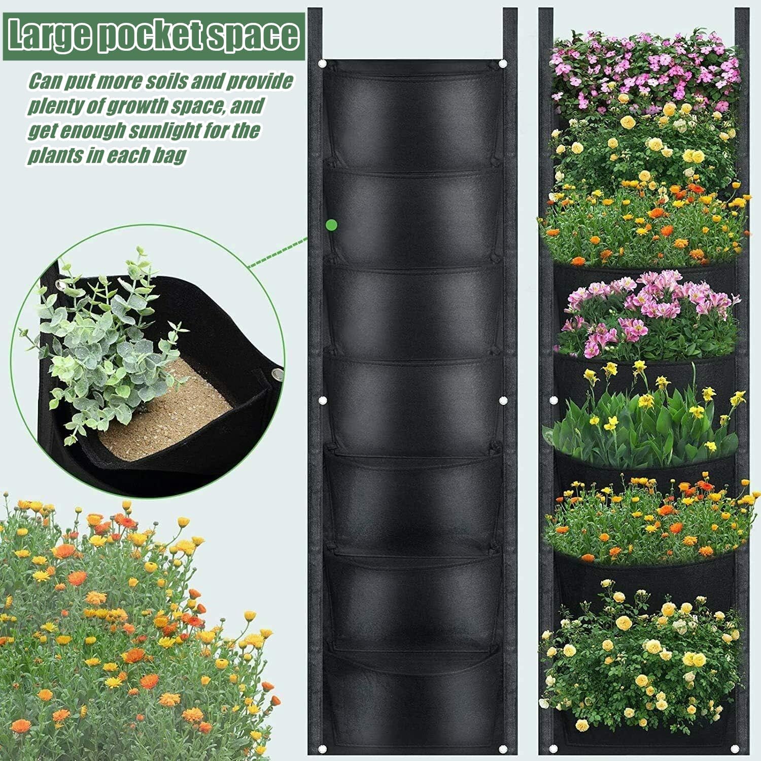 2 Pièces Sacs de Culture de Plantes Suspendus, 7 Poches Jardinière Murale Sac pour Pot de Fleurs Vertical Sacs pour Cour Jardin - 4