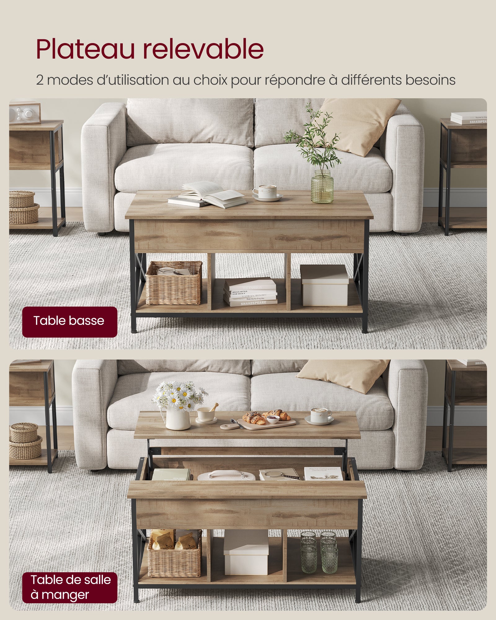 Table Basse, Table de Salon avec Plateau Relevable, Barres en Forme de X, 60 x 100 x (48-62) cm, Marron Chêne et Noir - 3