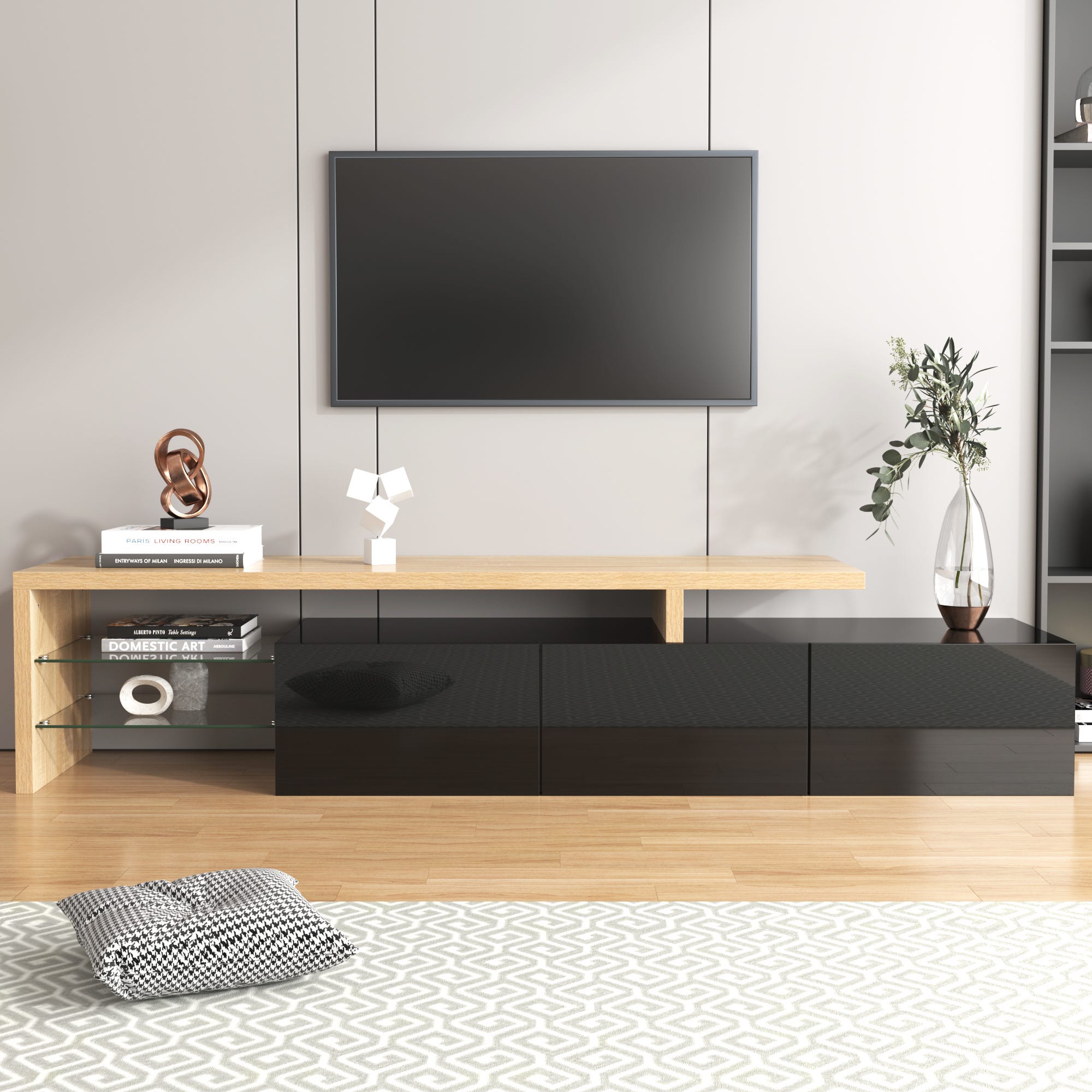 Meuble TV moderne avec 3 portes et 2 niches - LEDs - bois MDF et verre ...