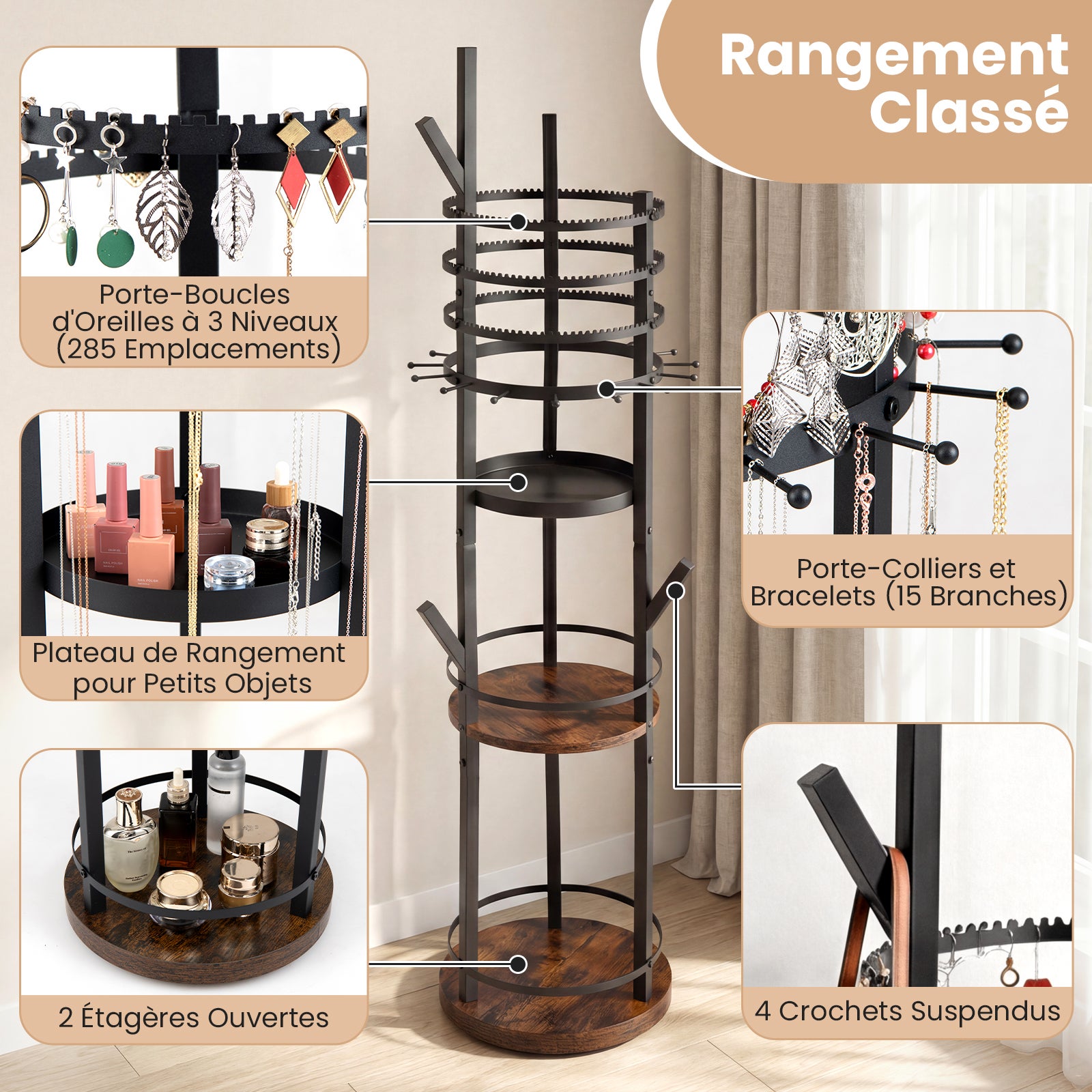 Support Organiseur pour Bijoux, Arbre à Bijoux Pivotant à 360° avec Crochets pour Boucles d'Oreilles et Colliers, 3 Étagères de Rangement, Marron - 4