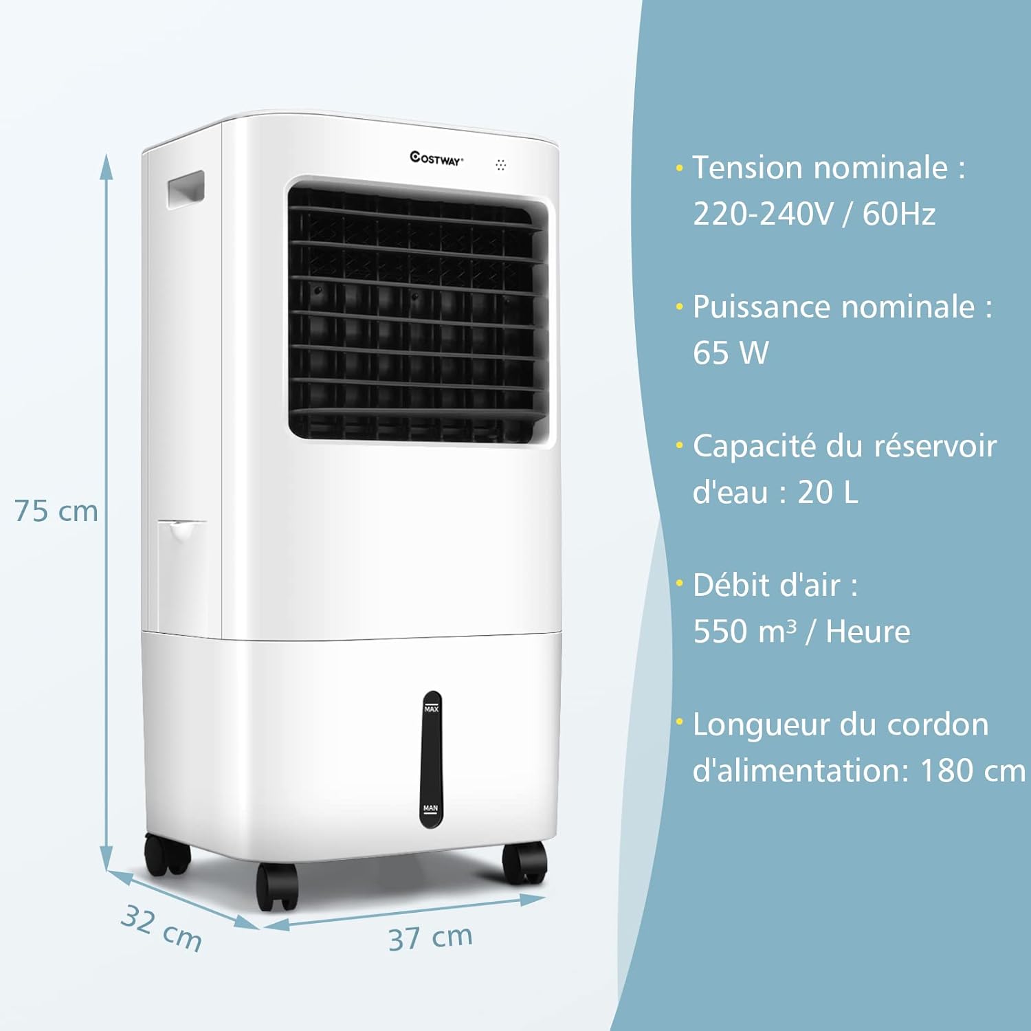 Rafraîchisseur d'Air Mobile 65W Réservoir 20L Ventilateur Humidificateur Oscillation 40° 3 Modes 4 Vitesses Minuterie 7,5H, 2 Glacières - 8