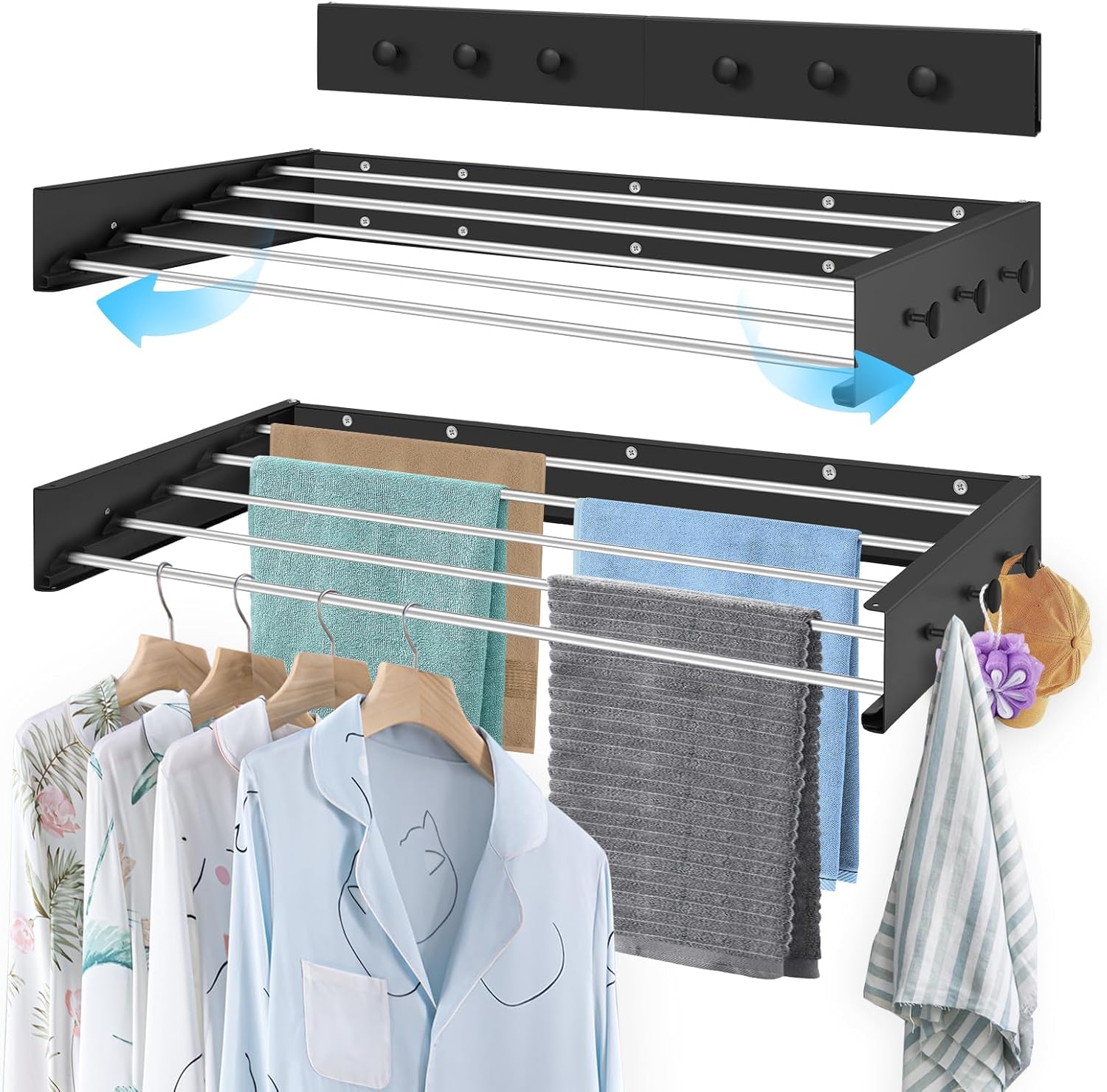 Suszarka do ubrań montowana na ścianie o długości 80 cm – rozkładana– z 6 wieszakami na ręczniki – do użytku wewnątrz i na zewnątrz – czarna