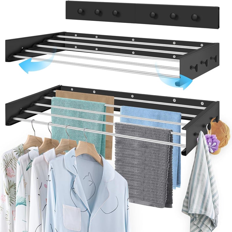 Suszarka do ubrań montowana na ścianie o długości 80 cm – rozkładana– z 6 wieszakami na ręczniki – do użytku wewnątrz i na zewnątrz – czarna